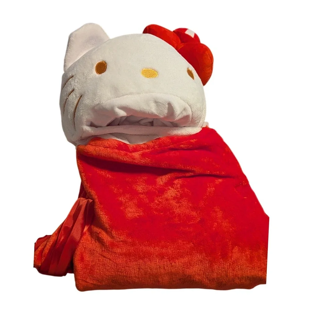 Hello Kitty Hooded Throw Blanket Red Peppermint Bow Kids Wearable‎ Plush 30x50